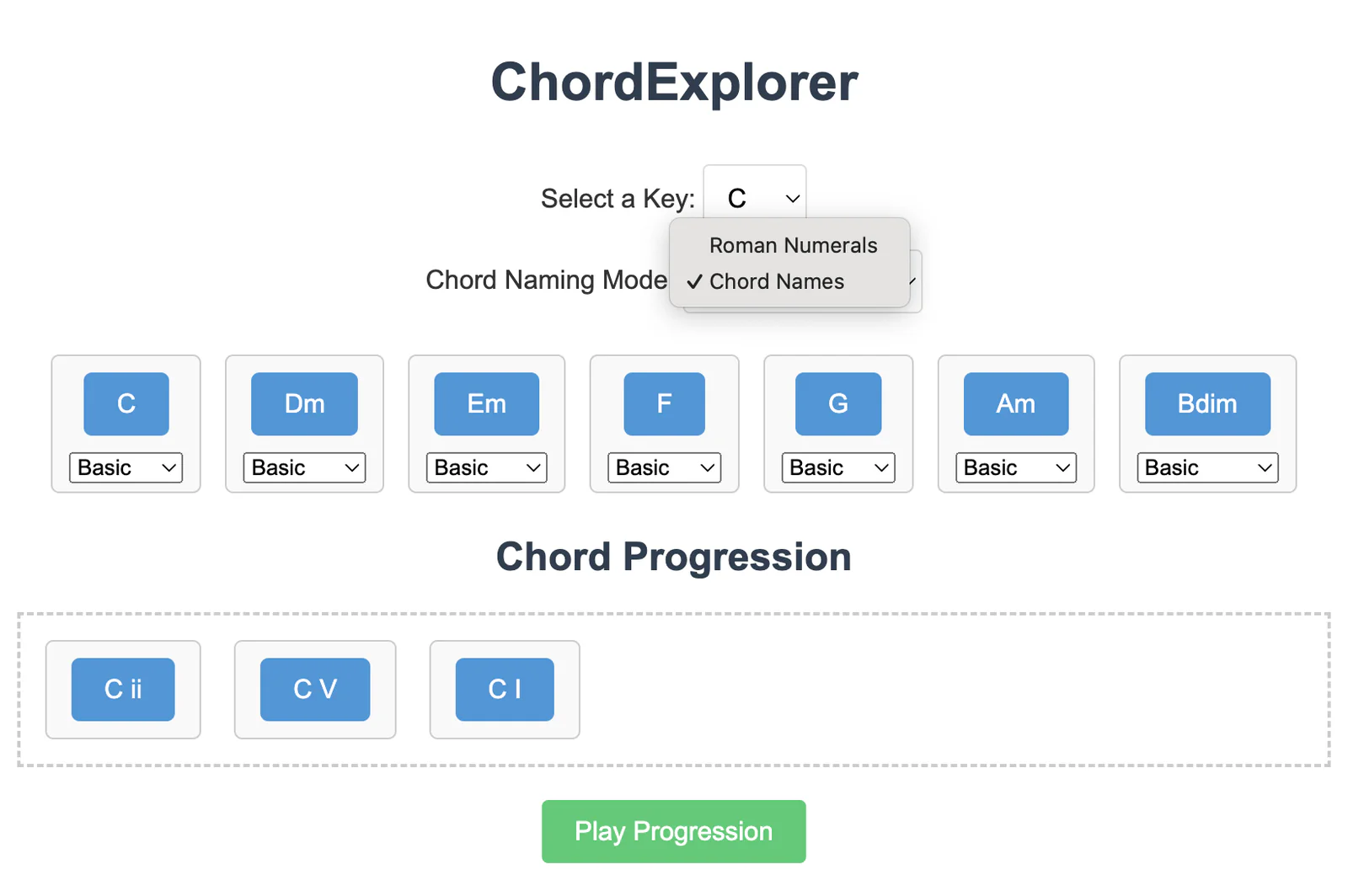 ChordExplorer: pick a key, alter its diatonic chords and drag them into a ii-V-I progression to play