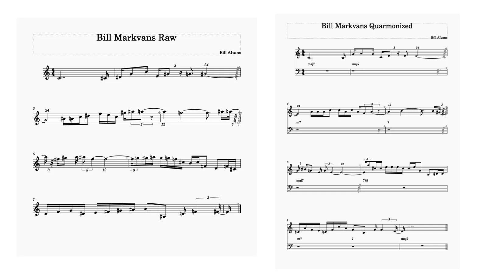 Generated solo, Bill Markvans: raw and quarmonized scores